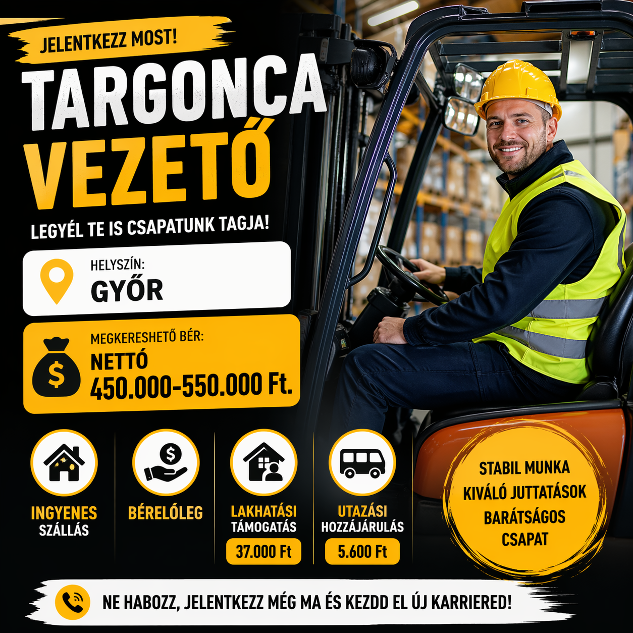 Leírás Feladatok: betárazási és kitárazási feladatok, PDA használat, illetve sorkiszolgálási feladatok. Oldalvillás és homlokvillás targoncákkal dolgoznak a kollégák. Fontos, hogy a targoncás jogosítvány érvényes (új típusú, OKJ-s) legyen, illetve a régi típusú targoncás jogosítványokat nem tudjuk elfogadni. 3313 és 3324 kategória elvárás Munkarend: Három műszakos 8 órás, vagy 12 órás, a pontos műszakbeosztást a felvételi napon adják meg. – ingyenes szállás – munkába járás támogatása busz bérlet vagy üzemanyag térítés formájában – fizetési előleg lehetőség – jelenléti bónuszok havonta és félévente – 13. havi fizetés Elvárások: – terhelhetőség – 3313 és/vagy 3324 targoncavezetői engedély – targoncavezetői tapasztalat előny Jelentkezzen Targoncavezető álláslehetőségünkre!